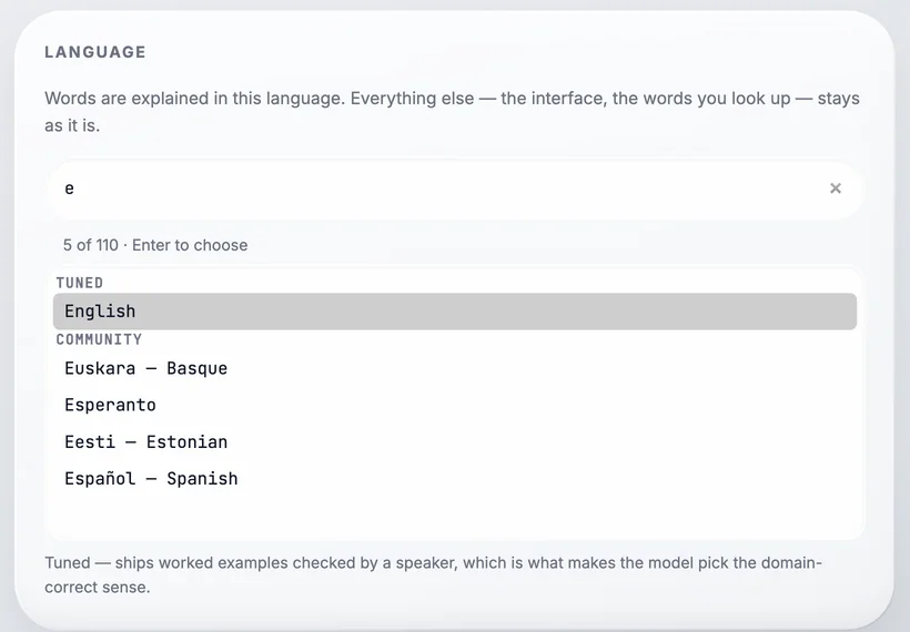 The language picker with a search box, showing languages grouped under Tuned and Community headings.
