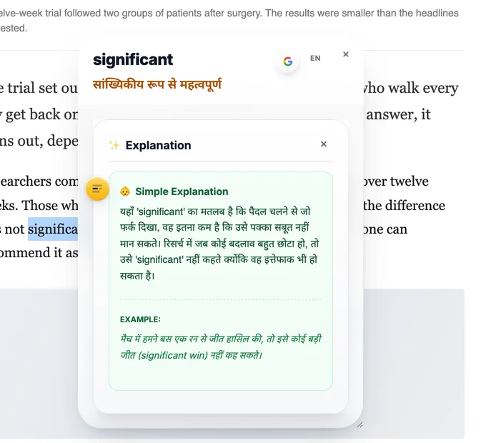 The bubble showing the Simple explanation of the word significant in Hindi, with an everyday example sentence underneath.
