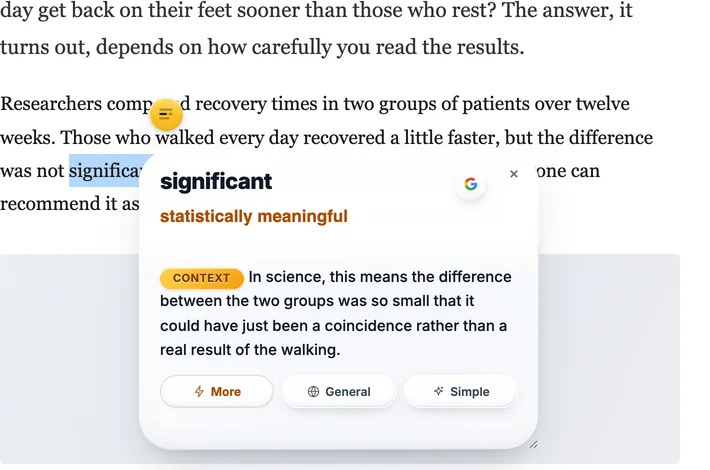 Context Reader open on a research article: the word significant is selected and the bubble explains that in science it means the difference was unlikely to be chance.
