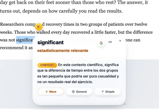 Context Reader open on an English research article, explaining the selected word significant in Spanish for that sentence.
